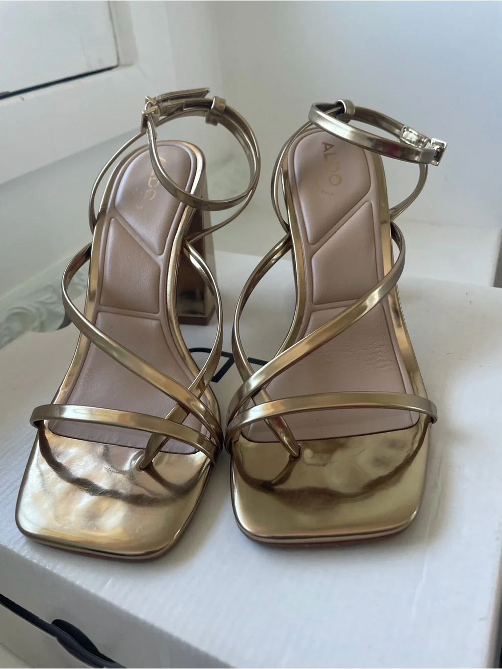 ALDO Gold Metallic Strappy Block Heel Sandals